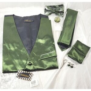 DiBanGu Men's Seta Silk 8pc Set: Vest, Tie, Bowtie, Cufflinks, Hanky - Green - S